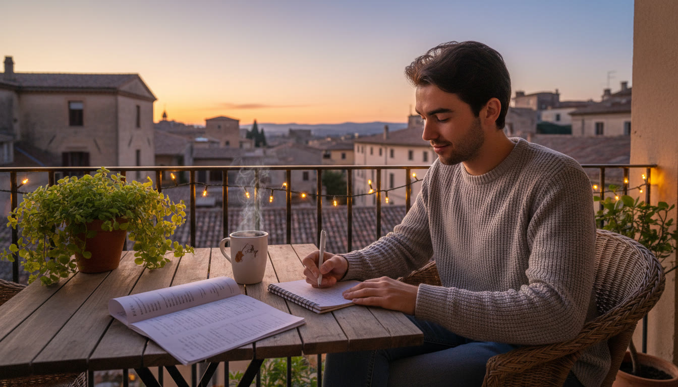 Photo Idea : A cozy evening scene: a student on a balcony at dusk writing an FRQ by hand in a small notebook, with a travel mug and a simple formula sheet nearby. Emphasize a calm, reflective atmosphere to suggest balance between travel enjoyment and study focus.
