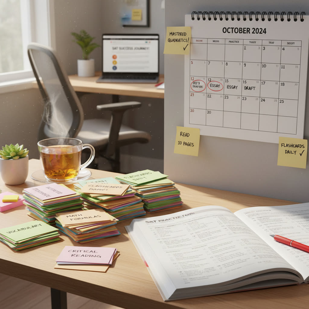 Study desk with flashcards, a printed SAT practice test, and a calendar showing a testing schedule; notes highlight small milestones