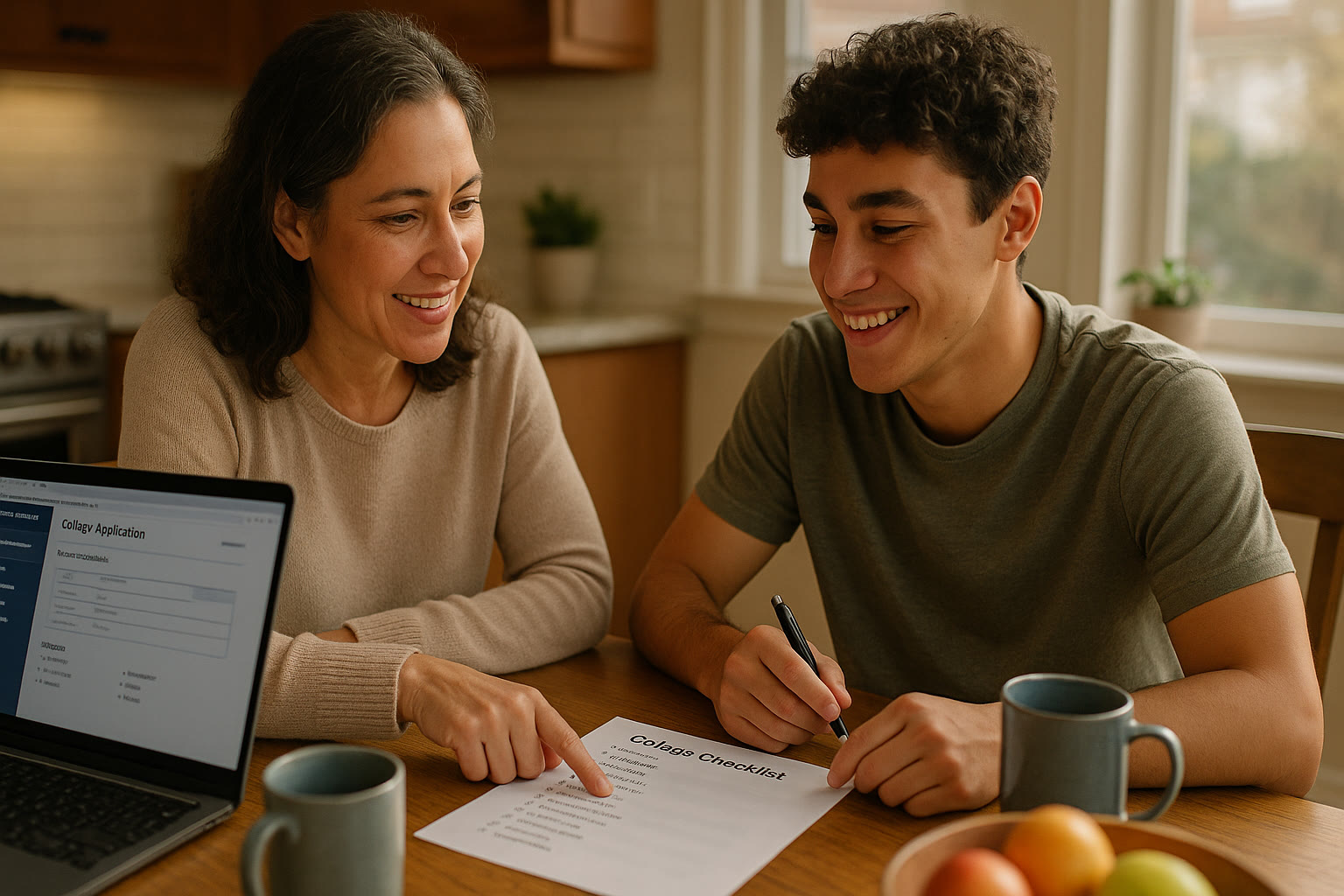 Photo Idea : Parent and teen sitting at kitchen table with laptop and printed college checklist, relaxed conversation