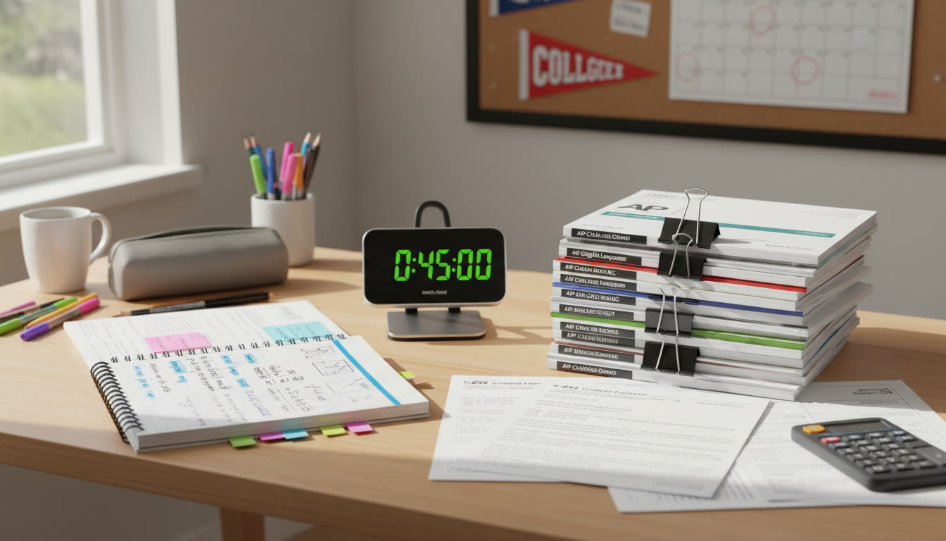 Photo Idea : A bright study table with a timer, notebook filled with annotations, and a stack of AP FRQ packets—conveys focused, organized timed practice.