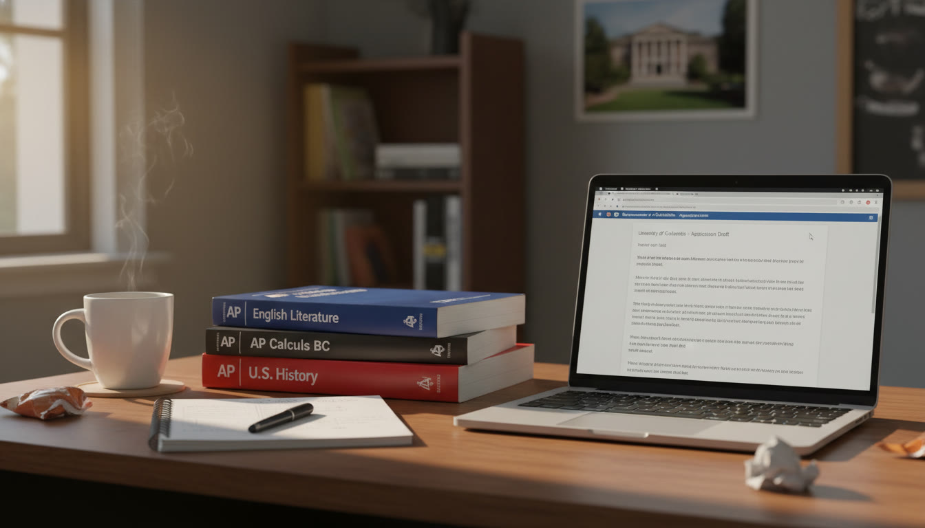 Photo Idea : Close-up of a student’s desk with AP textbooks, a laptop showing an application draft, and a cup of coffee. This suggests focused preparation and the intersection of AP preparation with university applications.