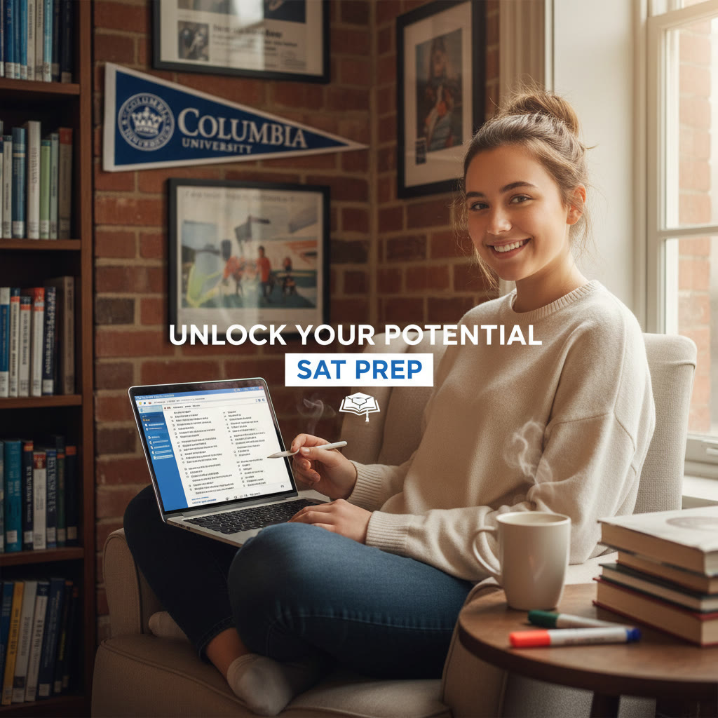 Photo Idea : A focused student studying on a laptop in a cozy library nook with a Columbia pennant subtly in the background — conveys aspiration and preparation.