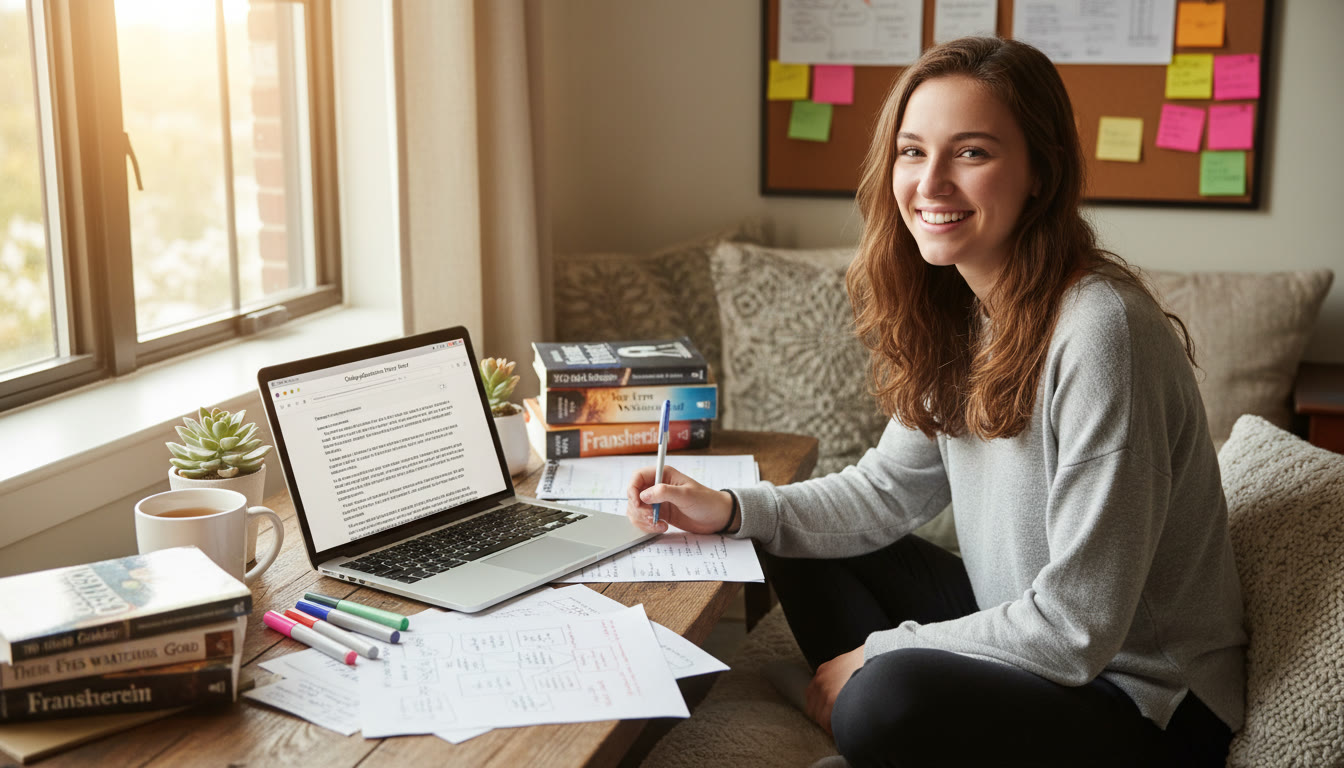 Photo Idea : A bright study nook with a student surrounded by AP English texts, notes, and a laptop showing an application essay draft. Evokes focused, thoughtful preparation for both AP exams and college applications.