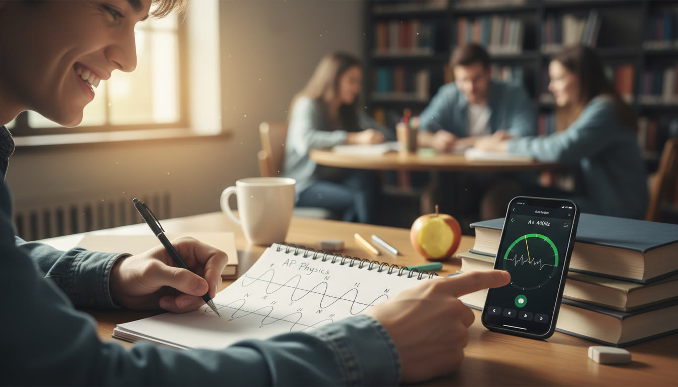 Photo Idea : Close-up of a physics student sketching standing wave nodes on paper beside a smartphone showing a tuning app—conveys study, practice, and real-world connection.