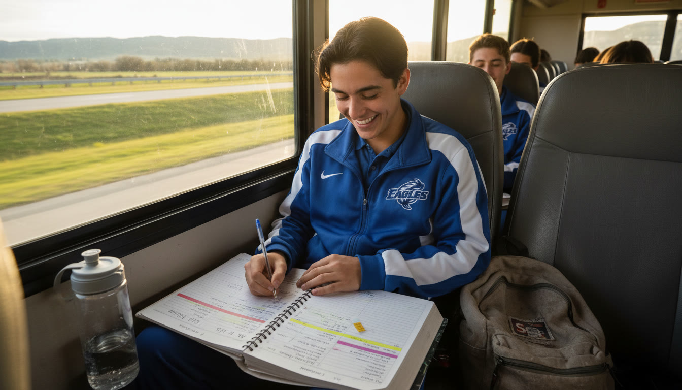 Photo Idea : A student in a team jacket studying AP notes on a bus between games, natural light, notebook and water bottle visible—evokes travel-study balance.