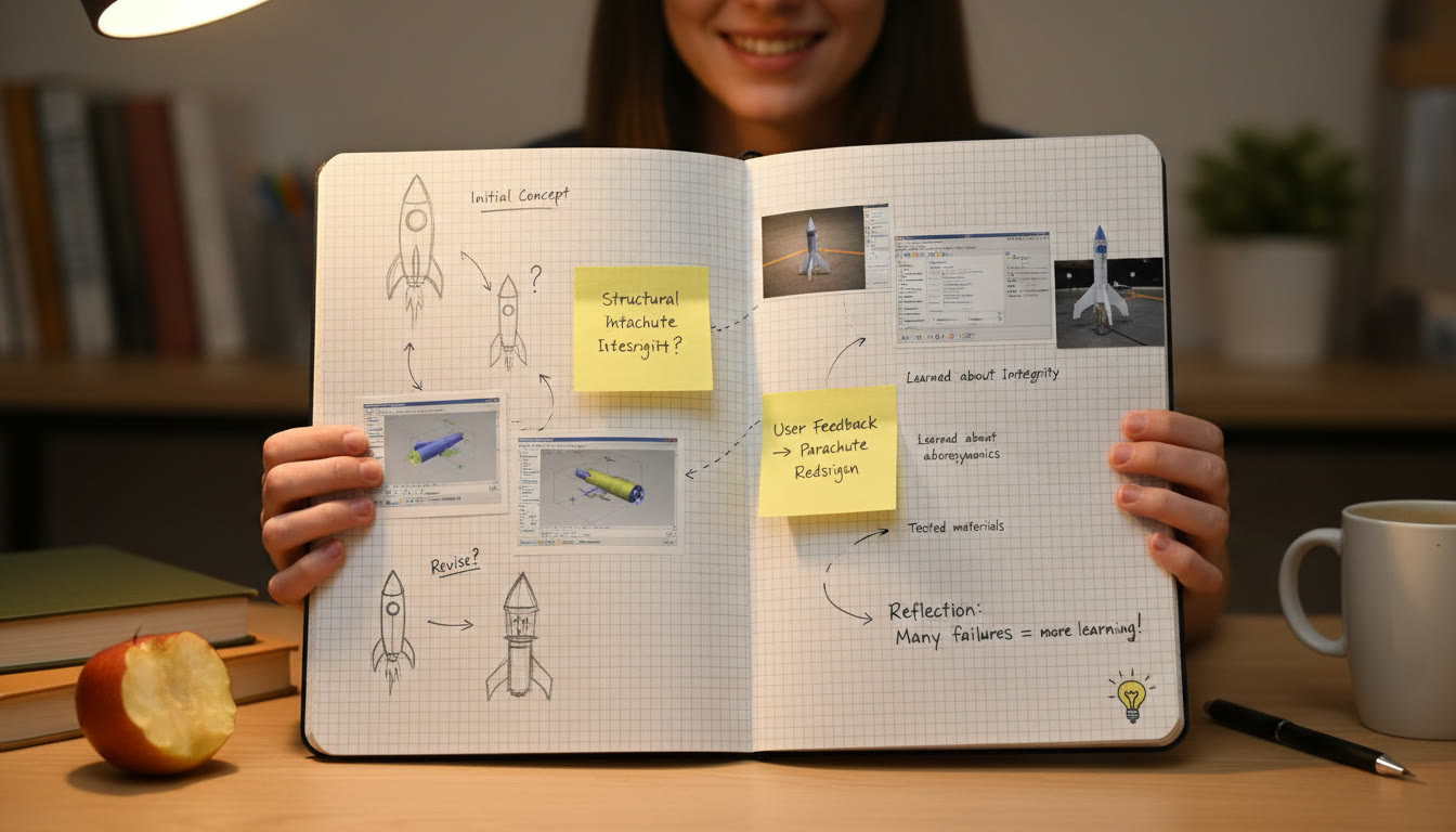 Photo Idea : A timeline collage in a student’s notebook showing sketches, sticky notes, and screenshots of a project’s progression—captures iteration and reflection, placed near the end of the article to reinforce the roadmap theme.