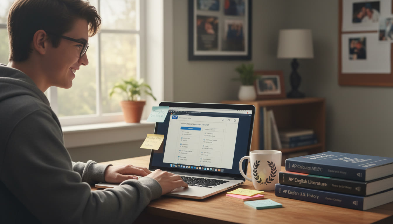 Photo Idea : A focused high school student at a desk with AP textbooks and a laptop open to practice SAT questions, soft morning light, coffee mug, and sticky notes with a study schedule.