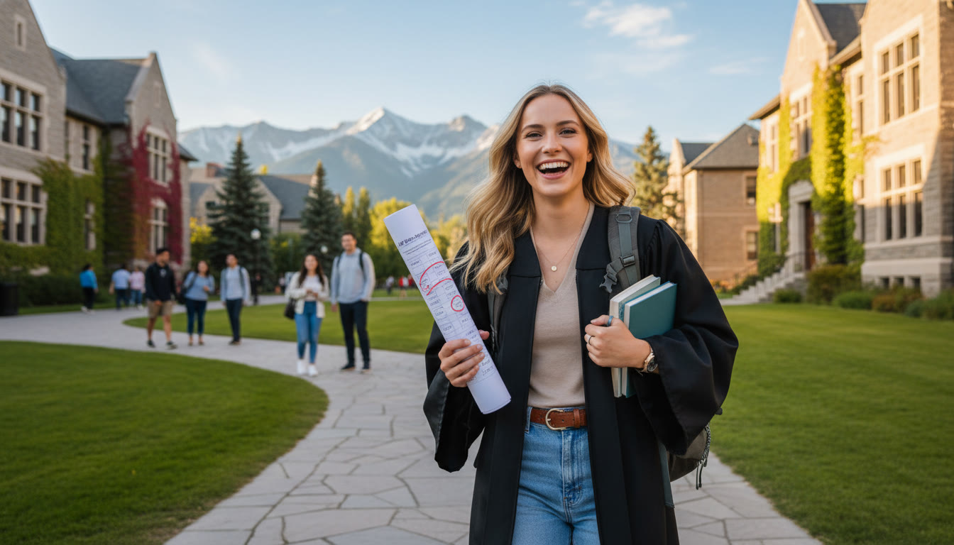Photo Idea : A hopeful photo of a student graduating or walking across a university campus in Alberta, clutching AP score printouts and a backpack — visualizes the payoff of AP planning and success.