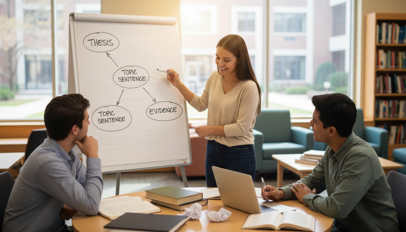 Photo Idea : A small group tutoring scene where a student explains a thesis to a tutor over a whiteboard with arrows connecting Thesis → Topic Sentence → Evidence — illustrates collaborative practice and the value of guided feedback.