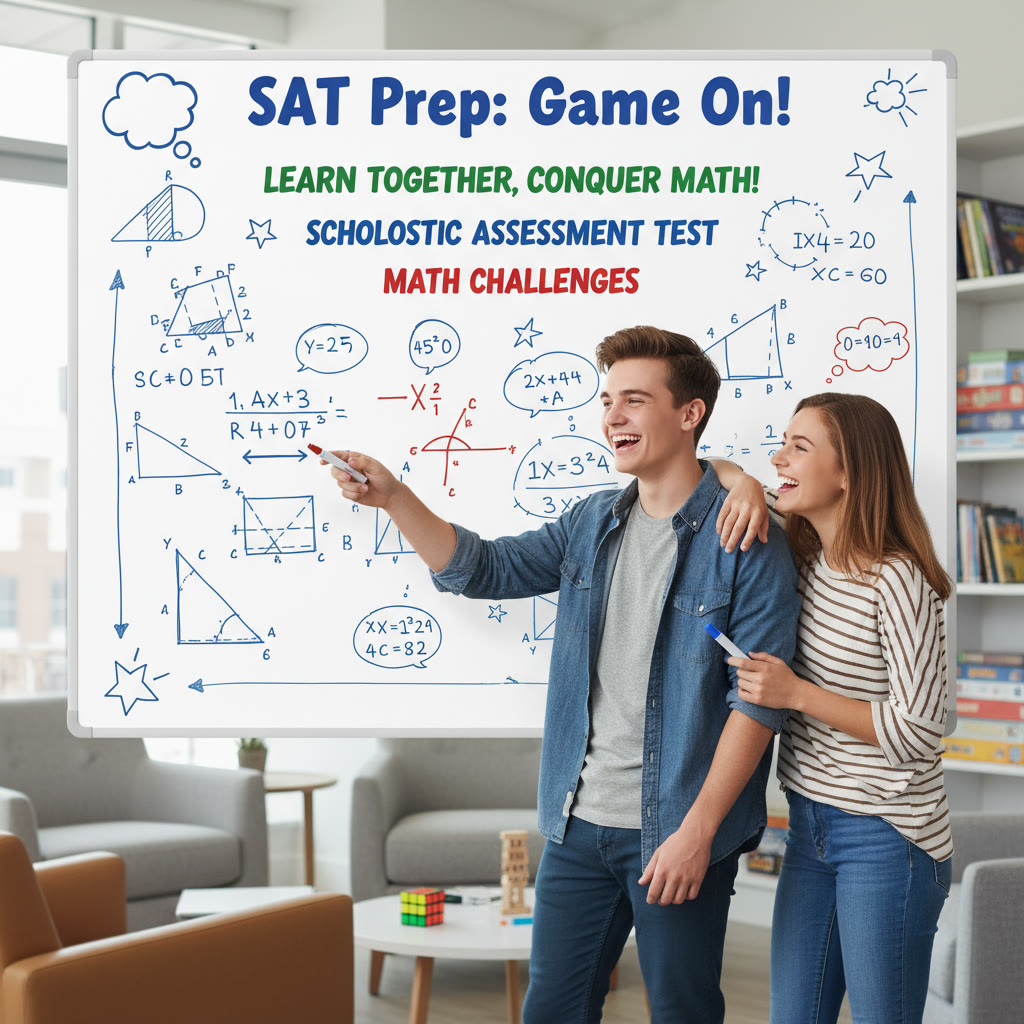 Photo idea: Two students laughing over a whiteboard with math puzzles, illustrating social study and gamified learning.