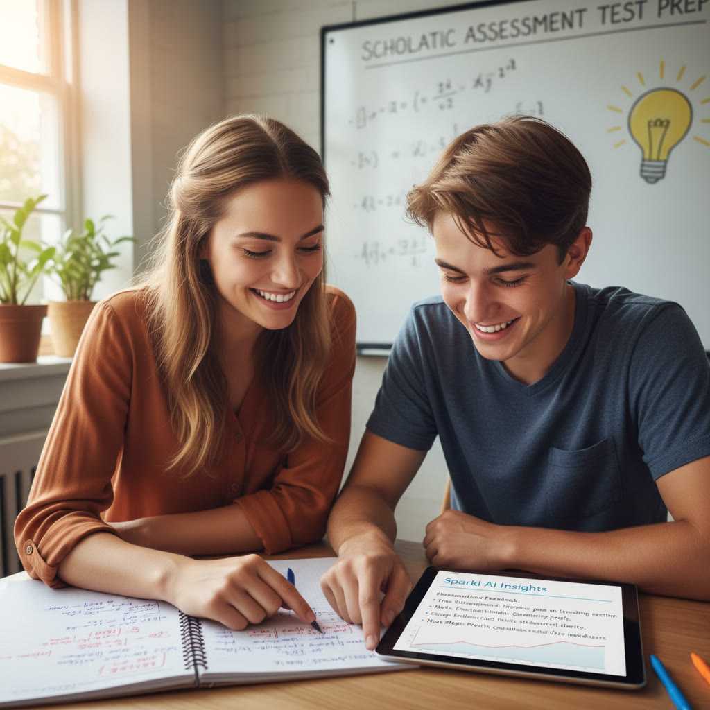 Close-up of a tutor and student reviewing a notes page together, with annotations and an AI insights summary on a tablet — suggests personalized feedback and Sparkl’s role.