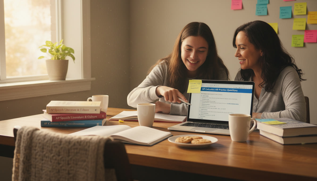 Photo Idea : A warm, candid scene of a teen and parent studying at a kitchen table with bilingual textbooks, sticky notes, and a laptop displaying practice questions   evokes family-oriented preparation and cultural continuity.