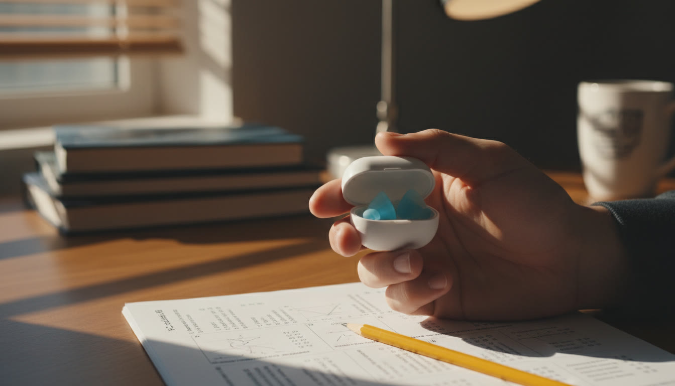 Photo Idea : Close-up of a student’s hand holding a small earplug case and a pair of silicone earplugs on a study desk with a practice AP exam and pencil visible — warm light to suggest preparedness and calm. Place later in the article near logistics or testing checklist.