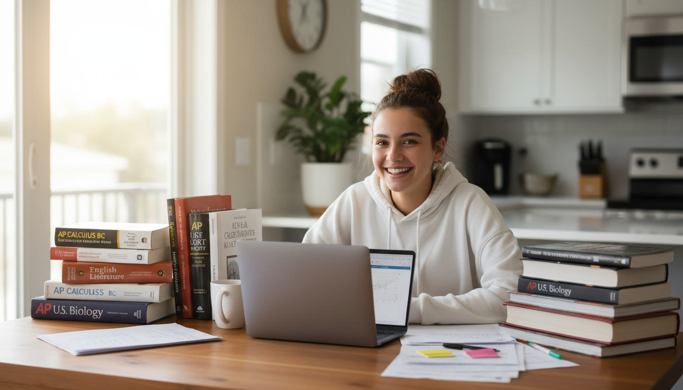 Photo Idea : A bright, candid shot of a high school student studying at a kitchen table surrounded by AP textbooks and a laptop, looking energized and focused — conveys preparation and real-life study.