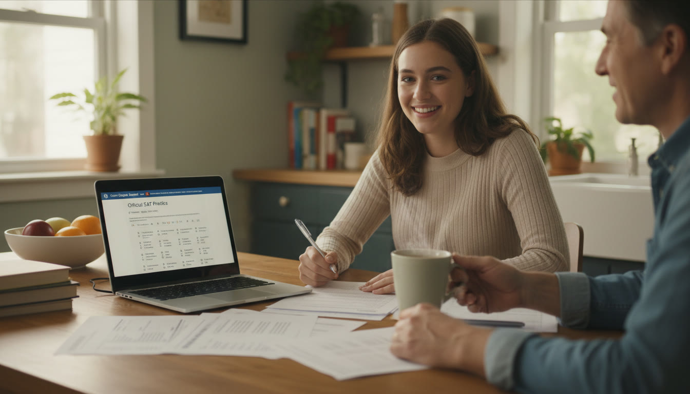 Photo Idea : A warm, candid photo of a student studying at a kitchen table with practice test printouts and a laptop open to a practice SAT interface; a parent nearby offering a cup of tea   conveys supportive home prep.