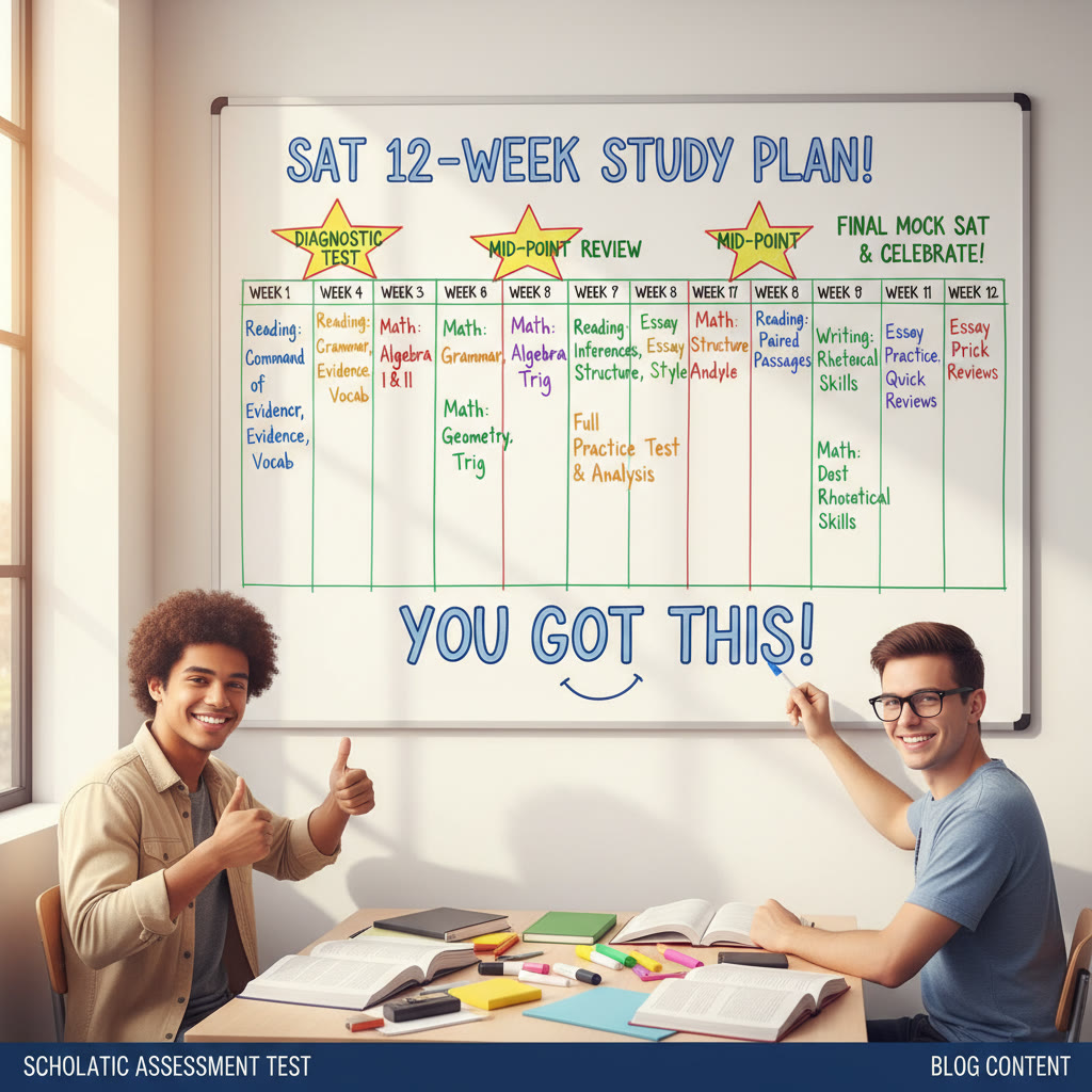 Whiteboard showing a 12-week study plan timeline with milestones and weekly focus areas