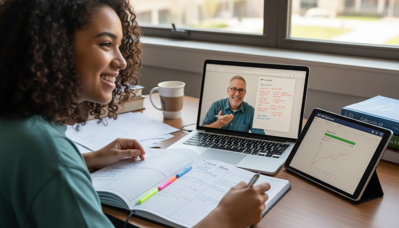 Photo Idea : A student mid-review with the AP Master Notebook open to an Error Bank page, a tablet displaying an AP Classroom Progress Check, and a tutor (on a laptop screen) pointing to an annotated FRQ—capturing collaborative, guided practice.