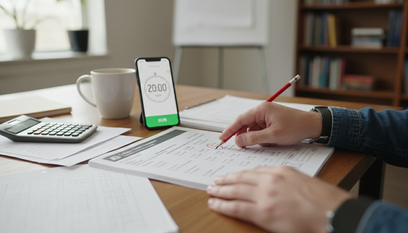 Photo Idea : A focused desk shot showing a printed practice test with problems circled, a timer running on a phone, and a tutor pointing at a solution on the paper—conveys the idea of timed practice and guided review.
