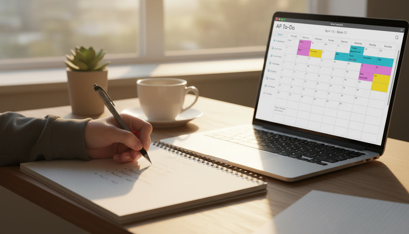 Photo Idea : A close-up of a student’s hand writing a to-do list beside a laptop showing a weekly calendar; warm natural light to convey calm, focused preparation.