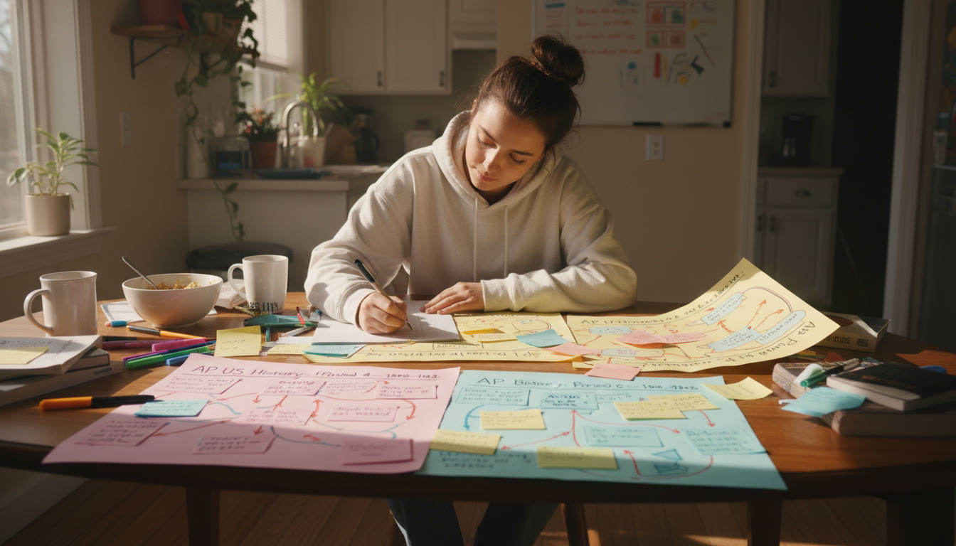 Photo Idea : A student at a kitchen table with color-coded notes and maps linking unit names with arrows — warm afternoon light, casual but focused.