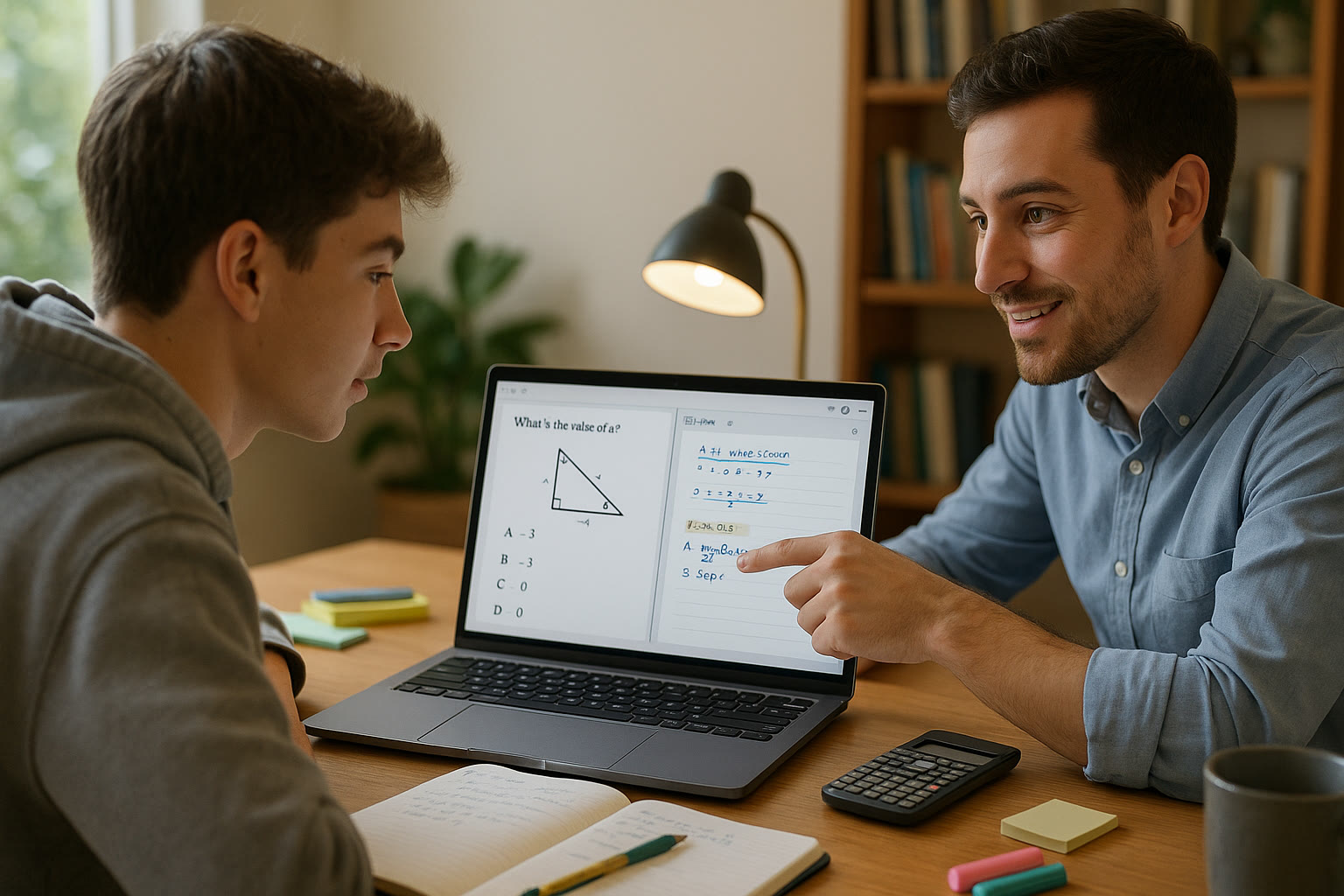 Photo Idea : A student working with a tutor via laptop, with shared screen showing a digital SAT practice question and notes—bright, focused study atmosphere that conveys collaboration and clarity.