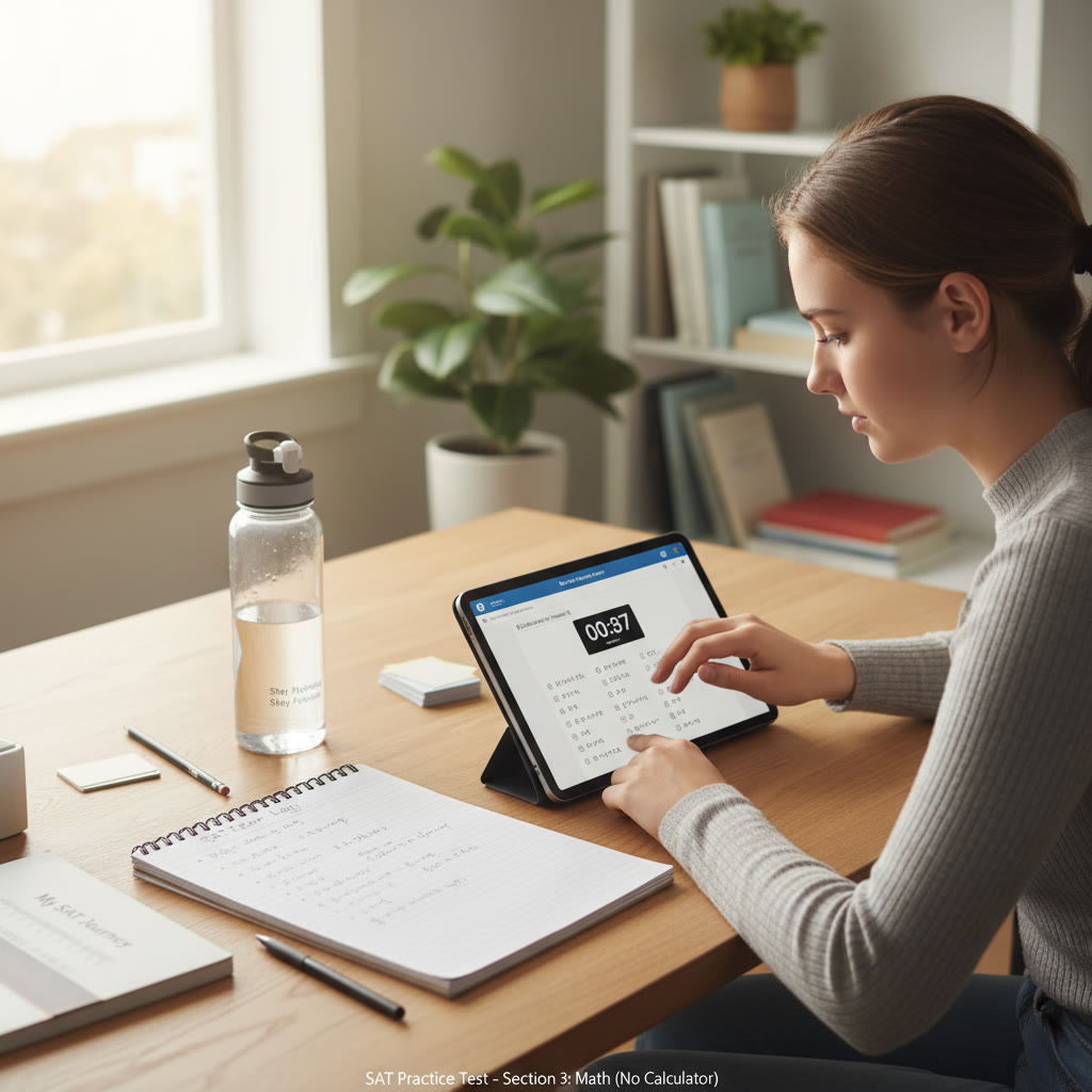 Student taking a timed practice SAT in a quiet room, with a notepad showing an error log and a water bottle — illustrating study routine and focus.