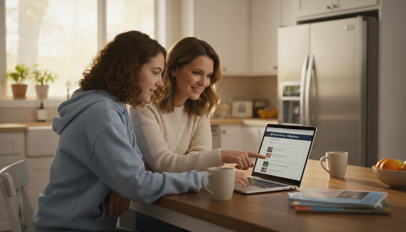 Photo Idea : A calm family kitchen scene where a parent and teen are talking over a laptop with AP course listings on screen — natural light, warm tones, relaxed posture to signal productive conversation.