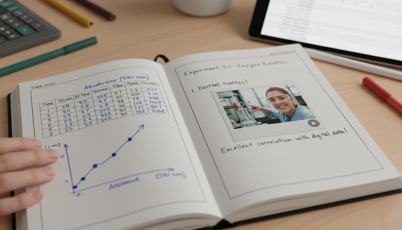 Photo Idea : A close-up of a student’s lab notebook page with data tables, graphs, and a short video still embedded—illustrates strong documentation and the blend of physical and digital evidence.