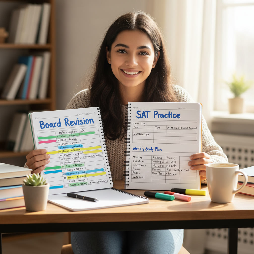 Photo idea: A student at a desk with two open notebooks—one labeled 'Board Revision' and the other 'SAT Practice'—showing neat time-blocked study plans and an error log.