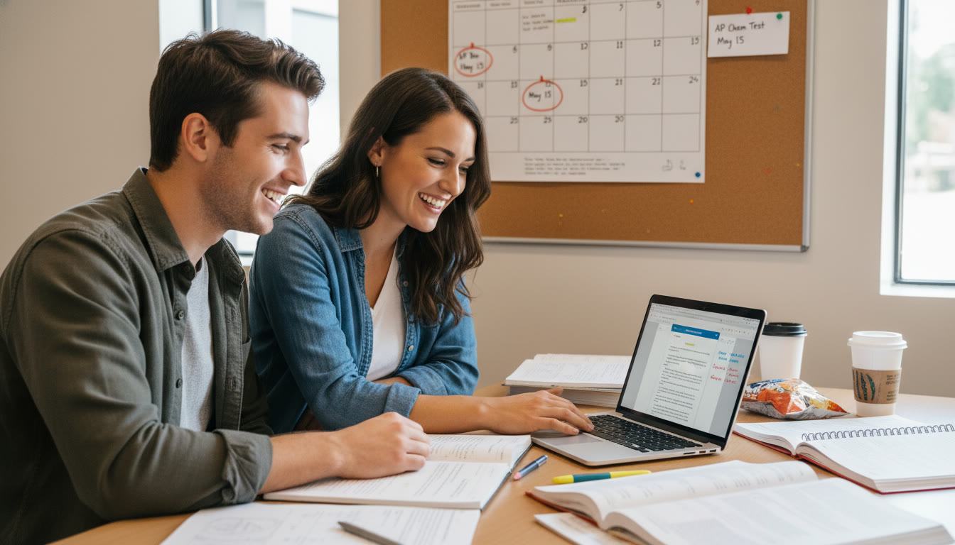 Photo Idea : A tutoring session in progress—student and tutor reviewing an AP Biology lab report on a laptop, with annotated notes and a visible calendar marking AP test dates.