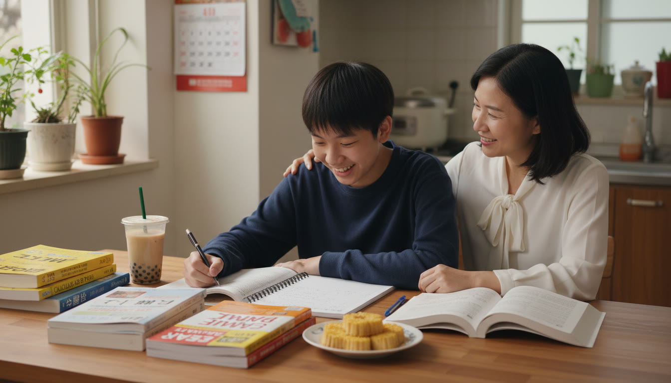 Photo Idea : A warm, candid photo of a Taiwanese high school student studying at a kitchen table with both local textbooks and AP review books open, a parent nearby offering supportive guidance—captures the family-centered effort behind AP preparation.