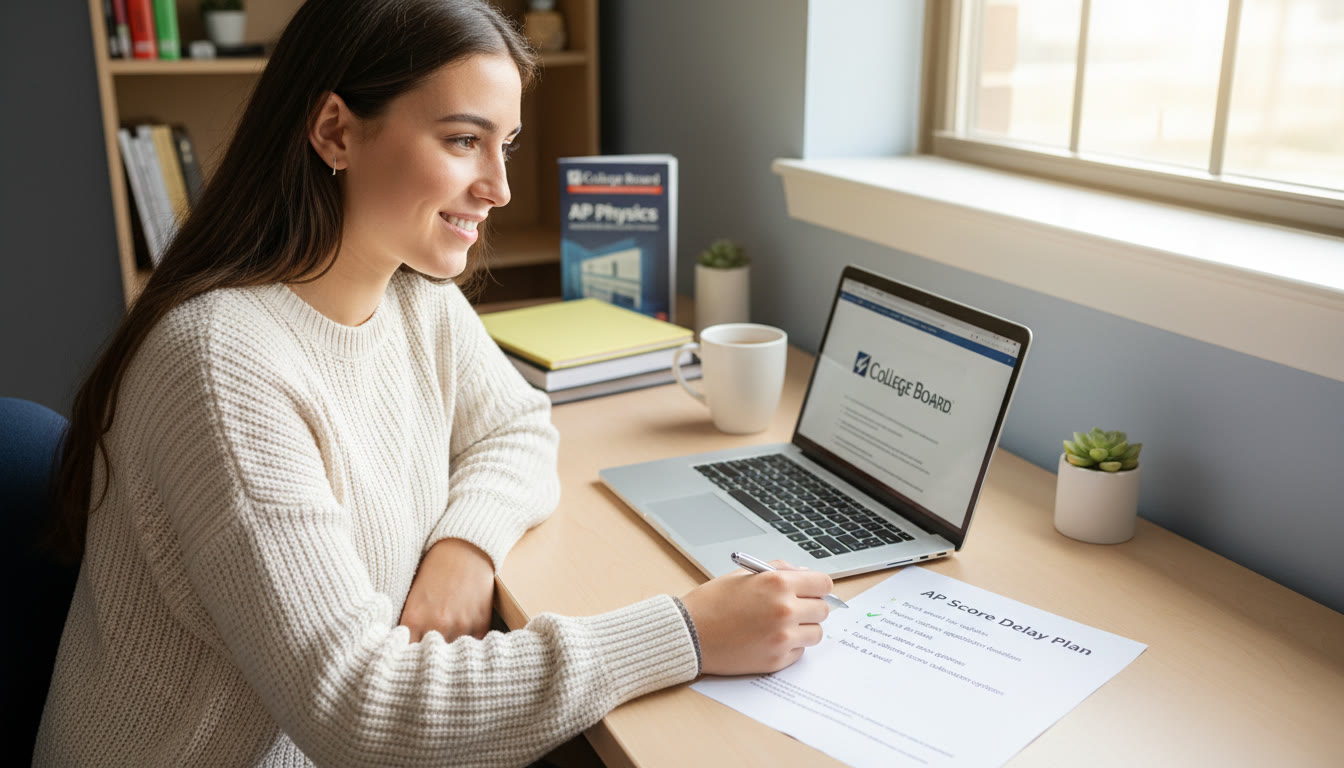 Photo Idea : A calm student at a desk with a laptop and a printed checklist labeled 