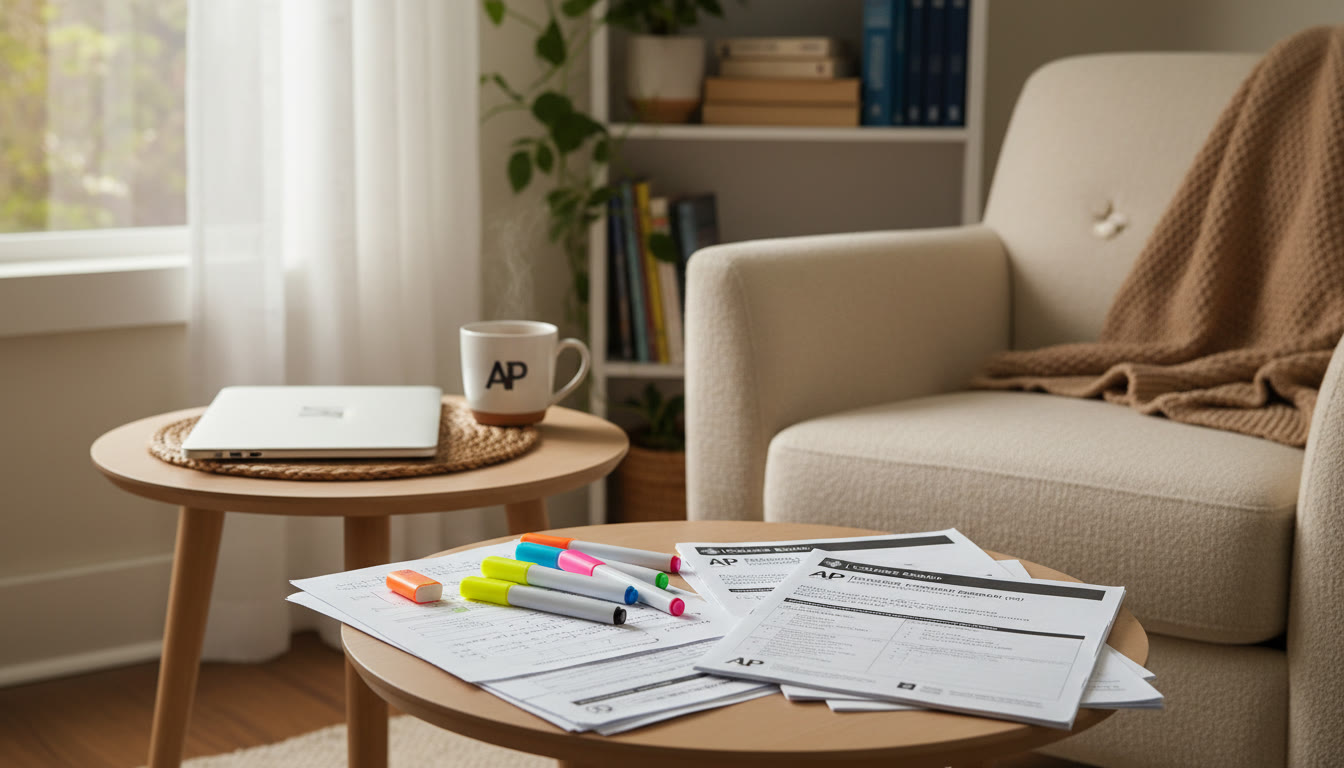 Photo Idea : A cozy study nook with paper notes, a printed practice test, colorful highlighters, and a closed laptop — evoking calm, offline preparedness.