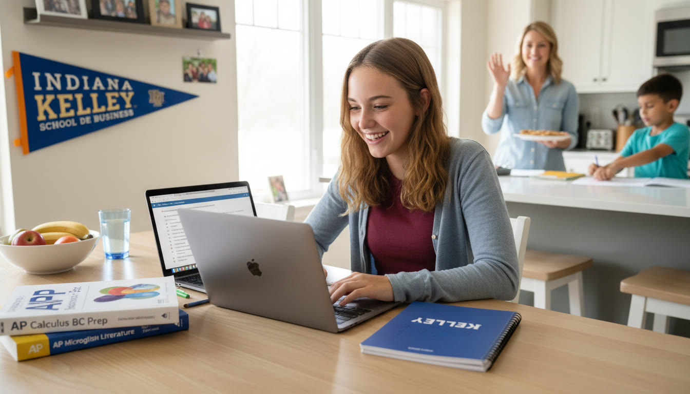 Photo Idea : A bright, candid shot of a high school student studying with a laptop and AP prep books at a kitchen table, with an IU Kelley pennant or notebook subtly visible — showing focus, family support, and the goal in sight.