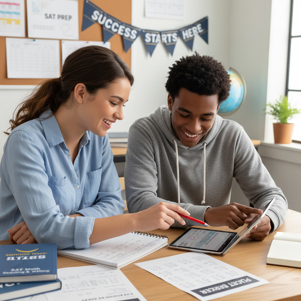 A tutor and student reviewing an error log together, pointing at a question, smiling and engaged