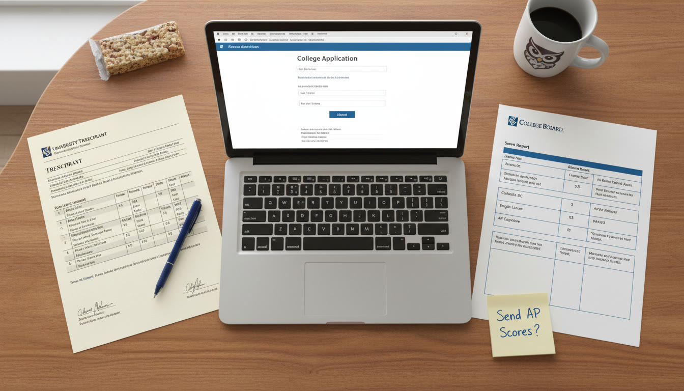 Photo Idea : A collage-style top-down shot of a laptop showing an application portal, a printed transcript, a College Board score report on paper, and a sticky note that reads “Send AP Scores?” — neat and actionable visual.