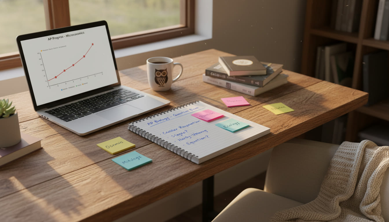 Photo Idea : A cozy study corner with a notebook open to a ‘Question Bank’ page, colorful sticky notes, and a laptop displaying a graph of progress—warm natural light, inviting and focused.