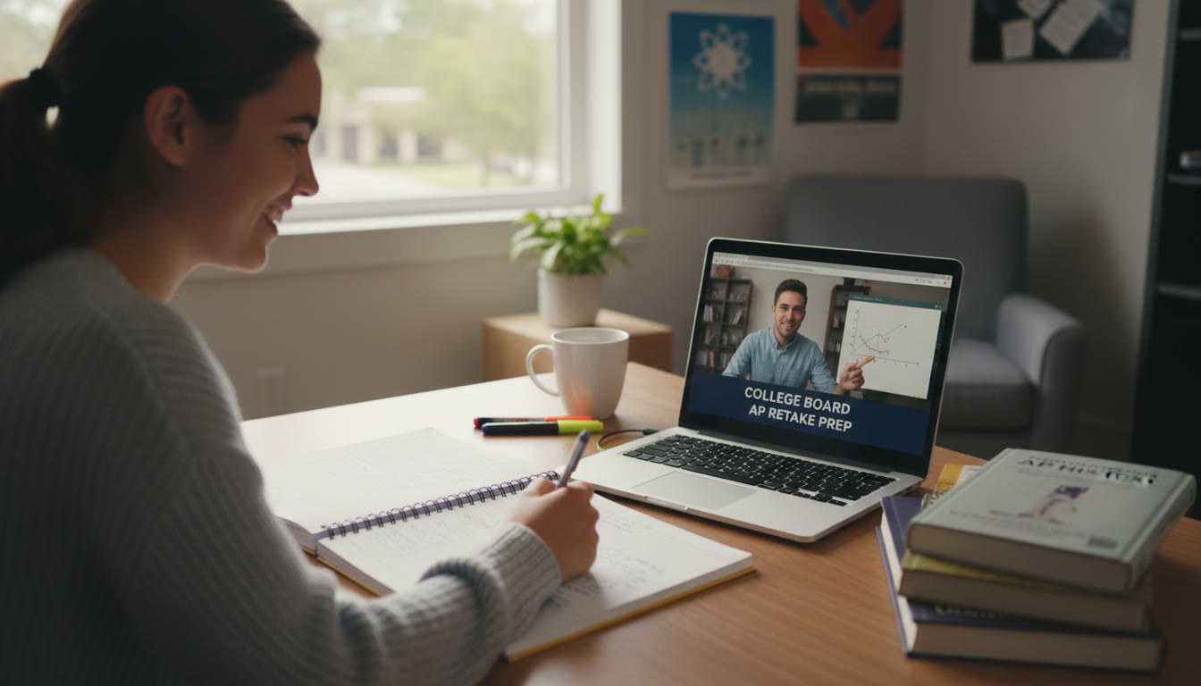 Photo Idea : A calm photo of a student meeting virtually with a tutor on a laptop, with a notebook open and a tutor pointing at a shared screen. The image should communicate focused feedback and the one-on-one support that makes targeted retake prep effective.