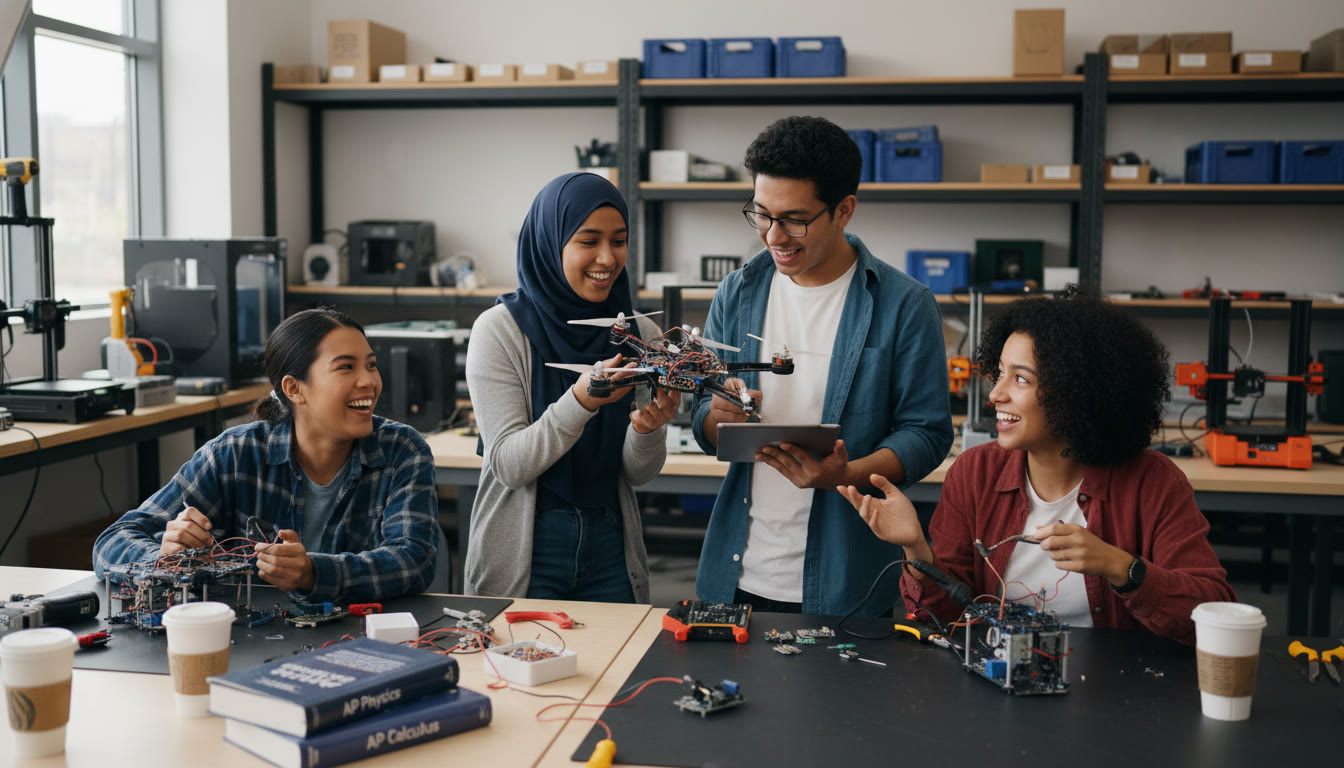 Photo Idea : A lively shot of a small student engineering team presenting a prototype in a maker space, tools and circuit boards visible, showing collaboration and applied learning — connects AP preparation to real projects.
