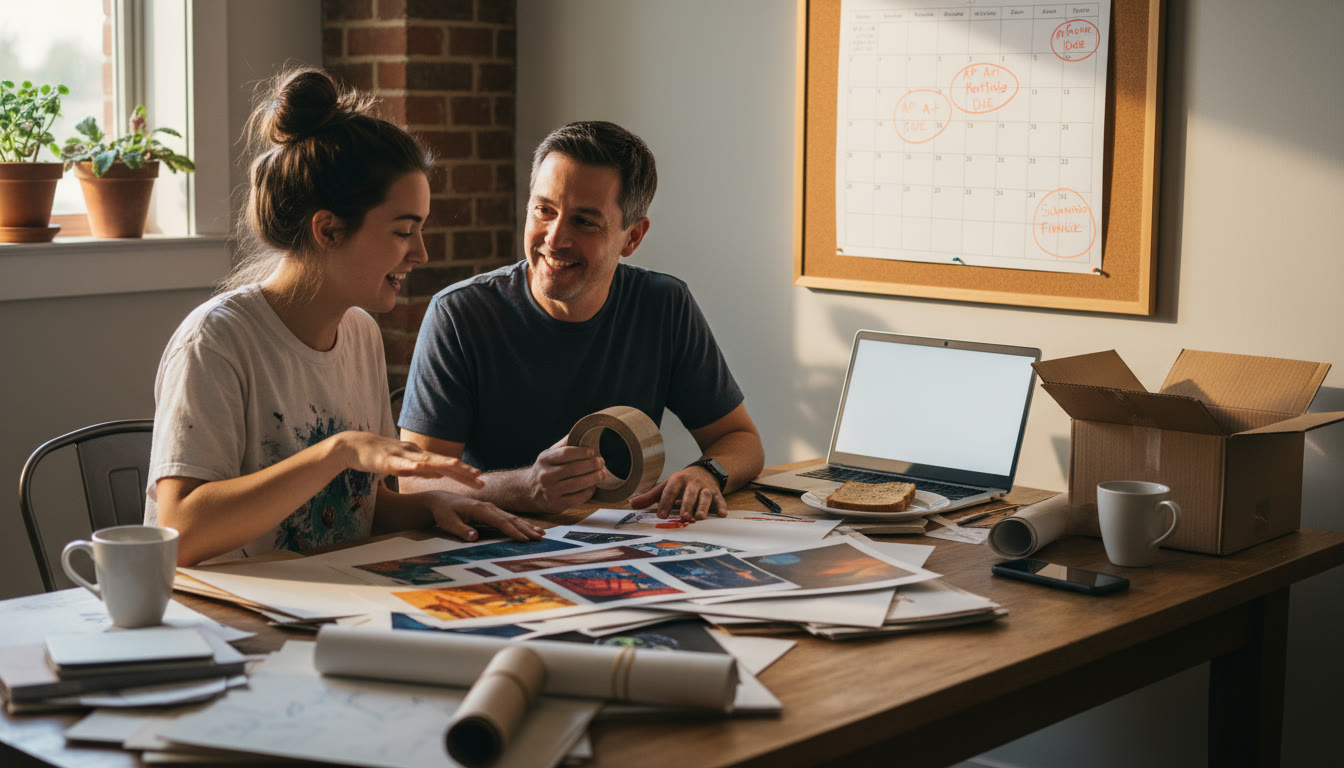 Photo Idea : A student and parent at a kitchen table surrounded by prints, archival paper, packing tape, and a calendar with deadlines circled in bright color — intimate, warm scene emphasizing collaboration.