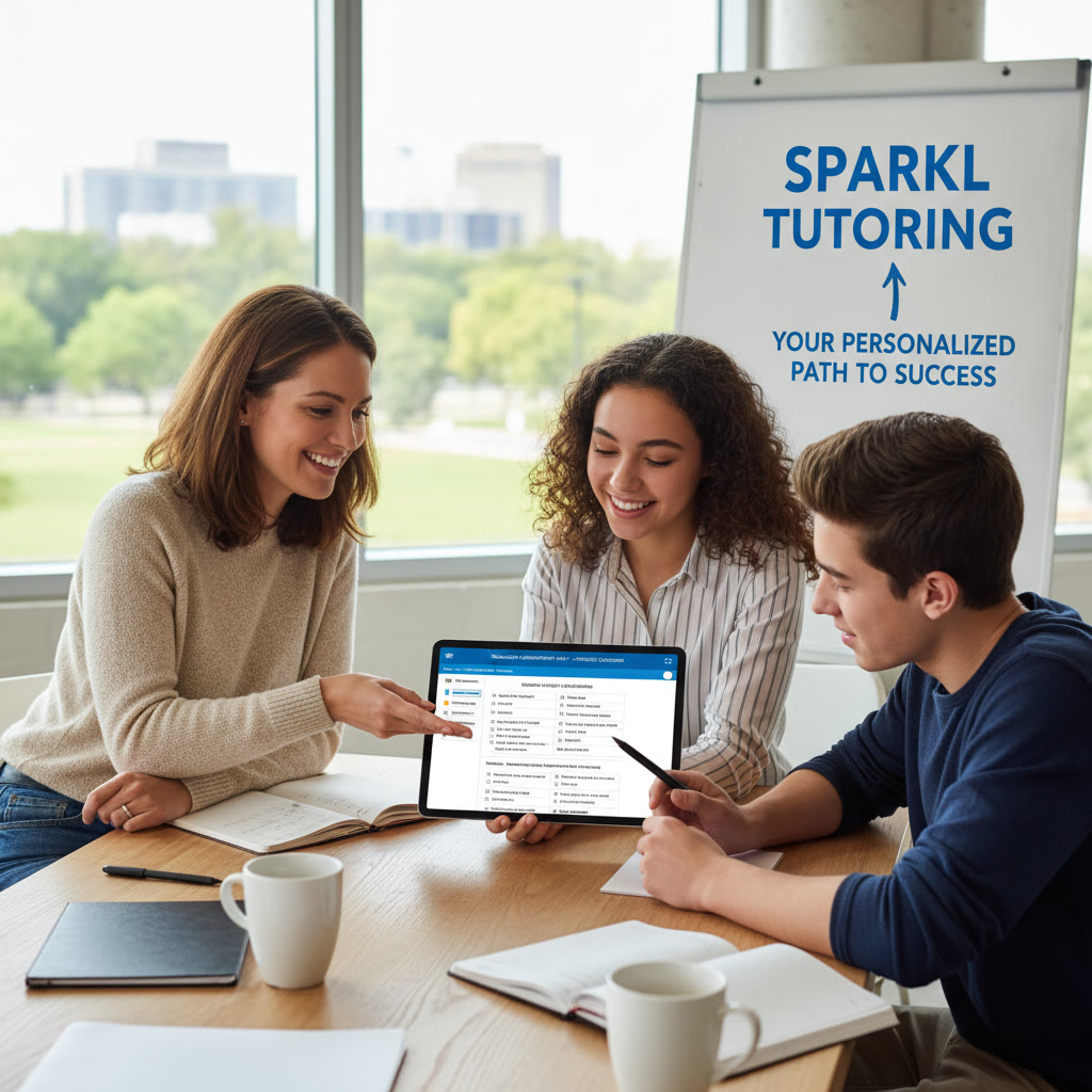 Photo Idea : A small study group with a tutor (one-on-one feel) reviewing digital practice tests on a tablet — visualizes collaborative, personalized prep like Sparkl’s tutoring.