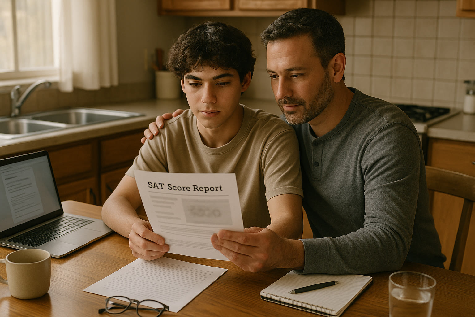 Photo Idea : A student and parent sitting at a kitchen table reviewing a printed SAT score report together, with a laptop and a notepad nearby.