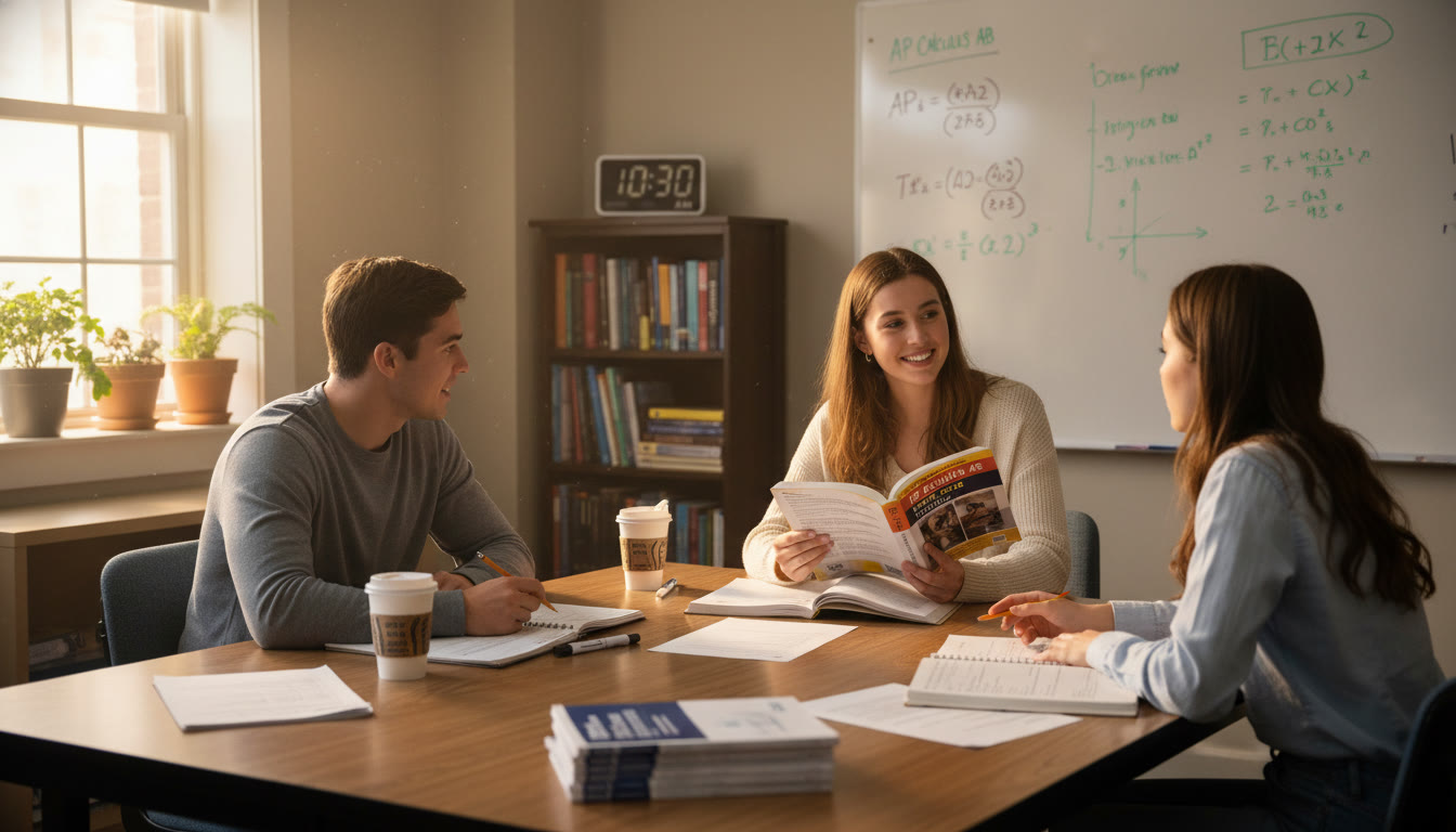 Photo Idea : A warm classroom scene showing a small group tutoring session with a student and tutor reviewing practice problems together — suggests personalized support and collaborative learning.