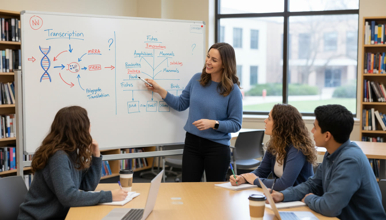 Photo Idea : A whiteboard session with a tutor pointing to diagrams of transcription vs translation and a phylogenetic tree—visualizes coaching, step-by-step reasoning, and concept mapping in action.