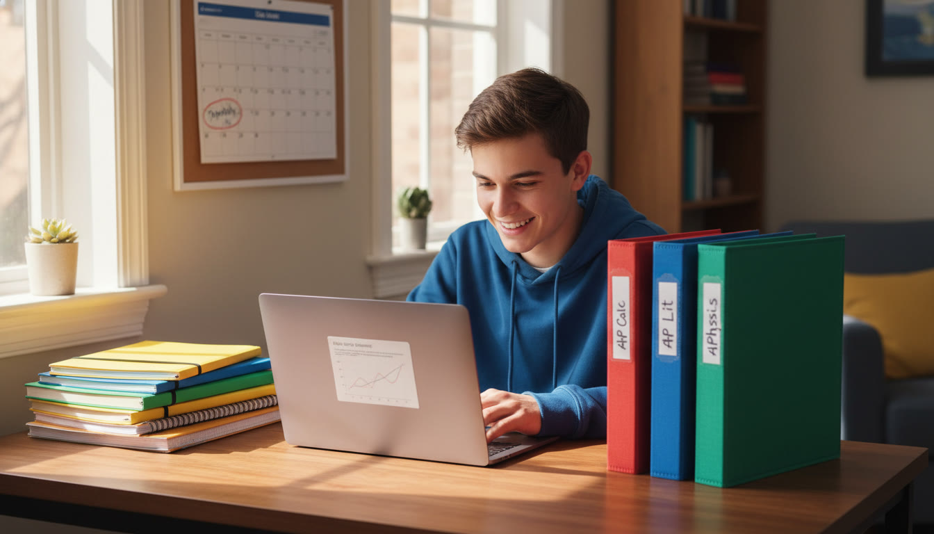 Photo Idea : A high school student at a desk with a laptop, stacks of colorful notebooks, and neatly labeled folders; sunlight through a window and a visible calendar with a circled date for a ‘Monthly Audit’.