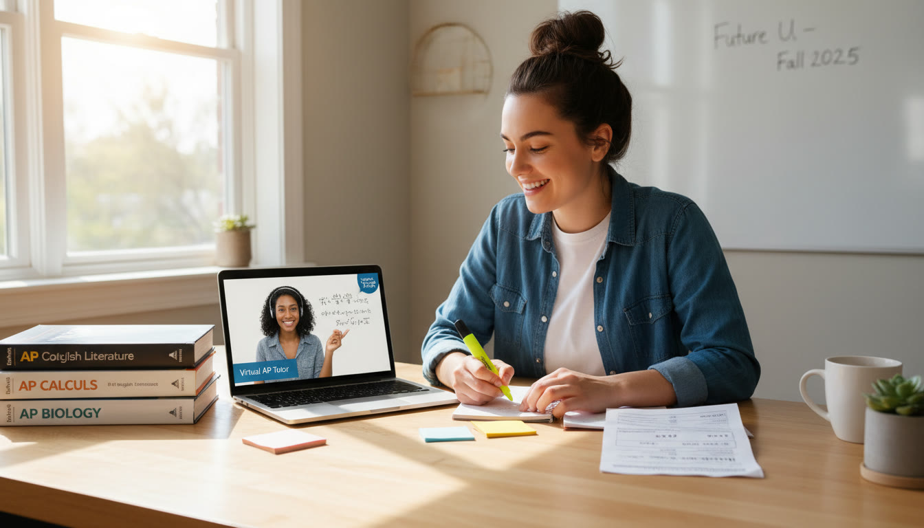 Photo Idea : A student studying at a kitchen table with AP prep books, a laptop with a virtual tutor on the screen, and a printed college transcript — conveys focus, support, and planning.