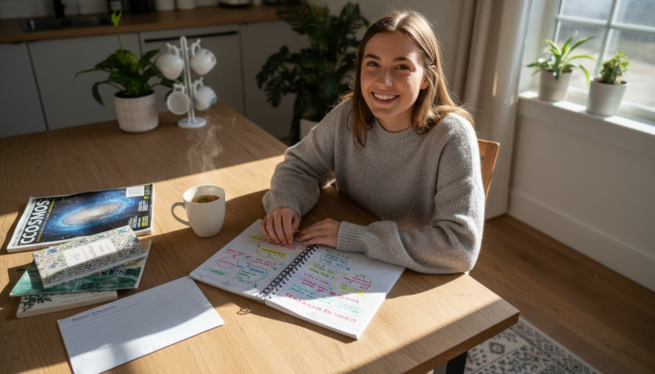 Photo Idea : A student at a sunlit kitchen table with an open notebook, color-coded annotations visible, a cup of tea, and a stack of mixed reading materials (poem chapbook, science magazine, and a history primary source packet). The mood is relaxed but purposeful.