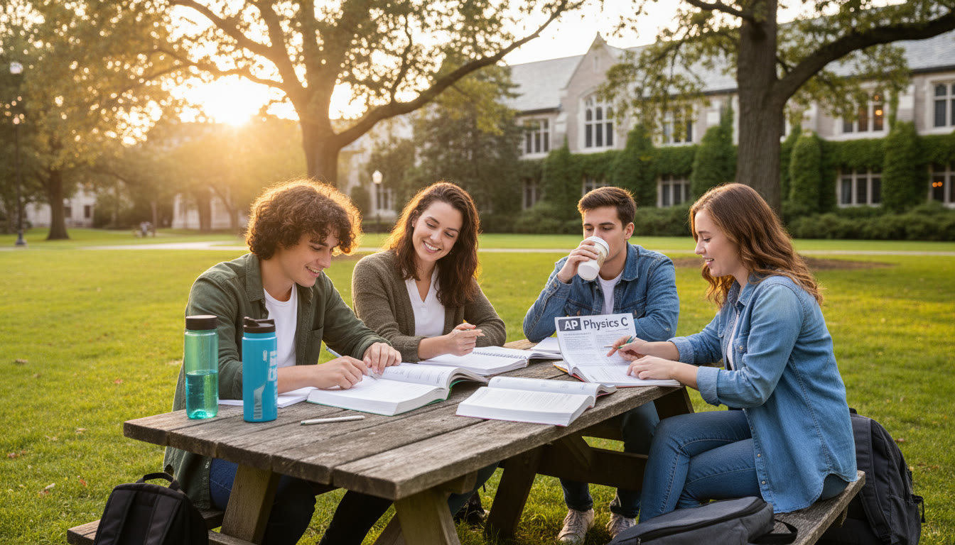 Photo Idea : A small study group around a campus table with a tutor reviewing notes—illustrates the value of personalized tutoring and collaborative learning during the transition from AP to college-level courses.