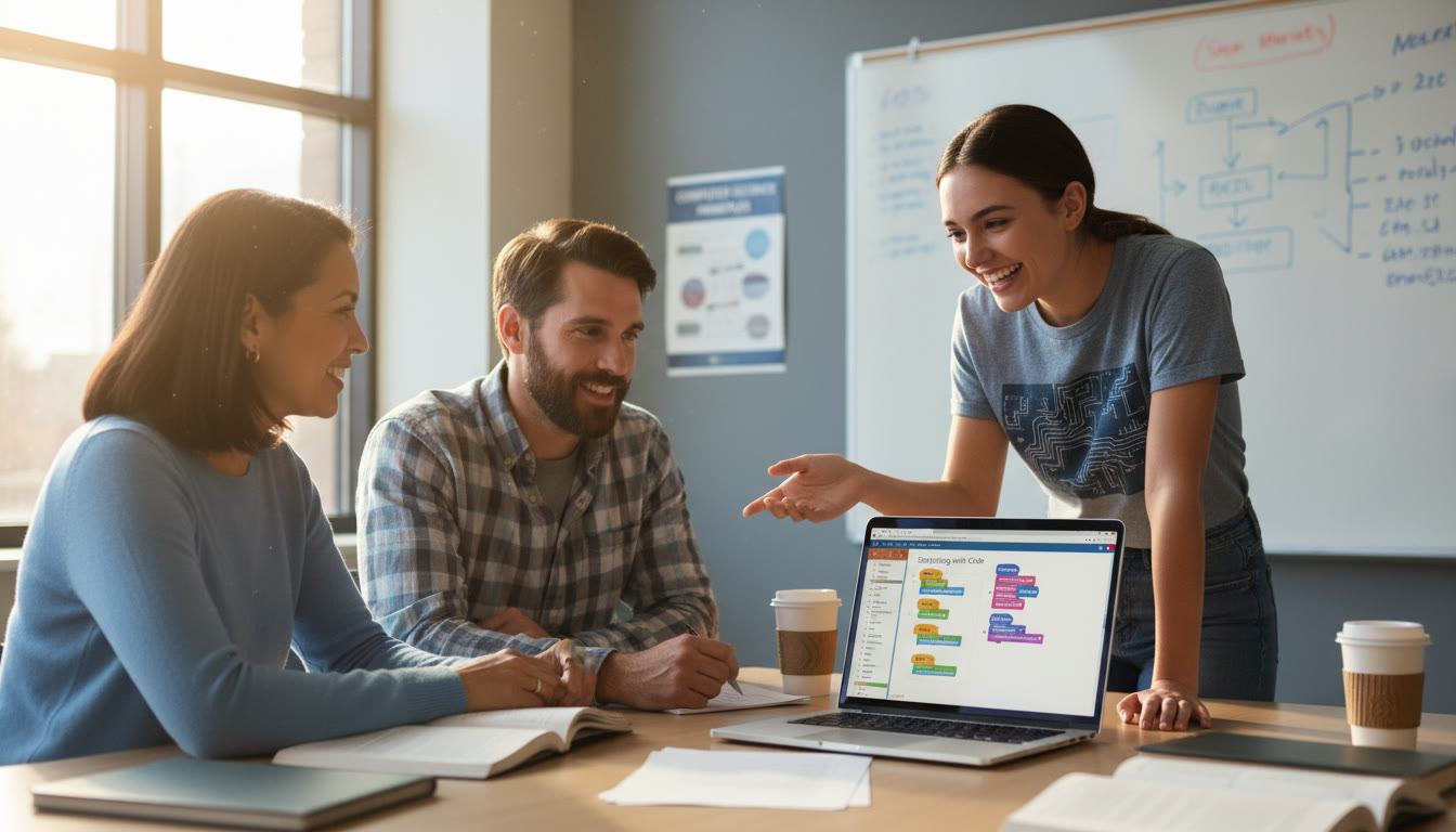 Photo Idea : A student presenting a small team project on a laptop to a parent and teacher — captures collaboration, mentorship, and the storytelling aspect of AP CSP/CSA work.