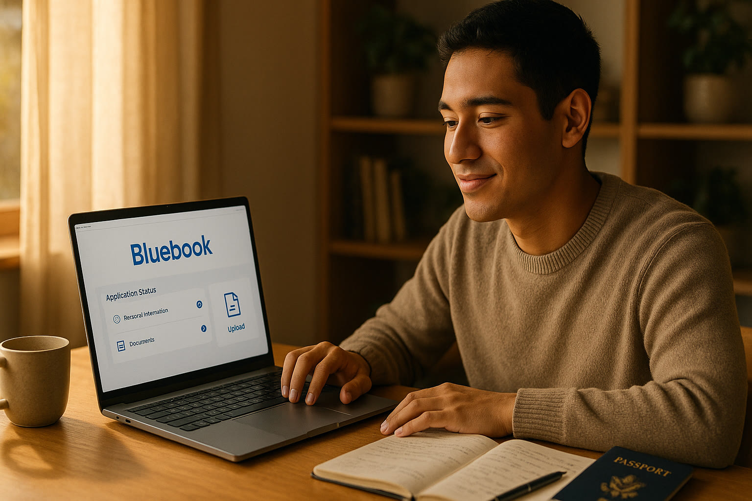 Photo Idea : A hopeful international student studying on a laptop, Bluebook app visible on the screen, with a passport and a notebook nearby — natural morning light.